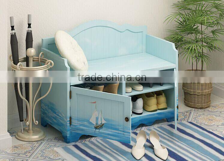 Mediterranean Style Shoe Cabinet, Sailing Boat Handpainting Changing Chair, Solid Wood Chair for Changing Shoes (BF01-X1158)