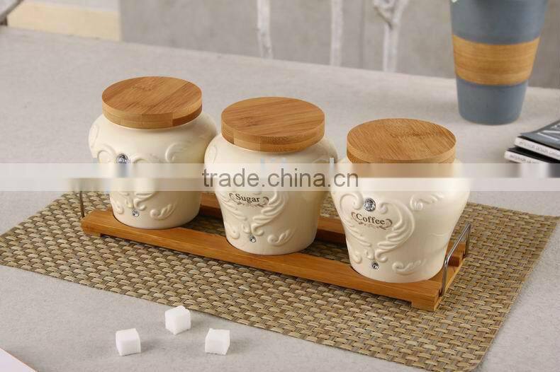 ceramic canister set with bamboo stand
