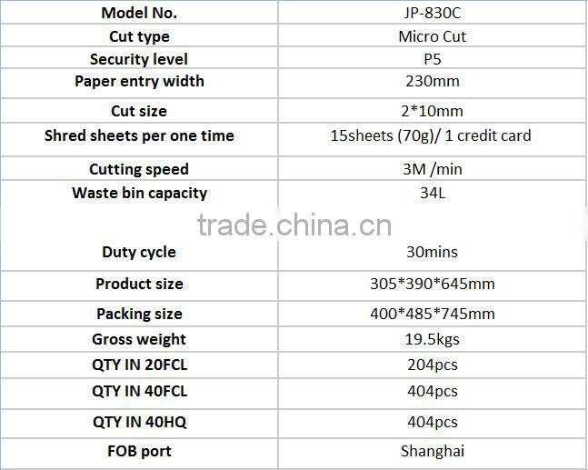 JP-830C Micro Cut Paper Shredder High Secrity Paper Shredder A4