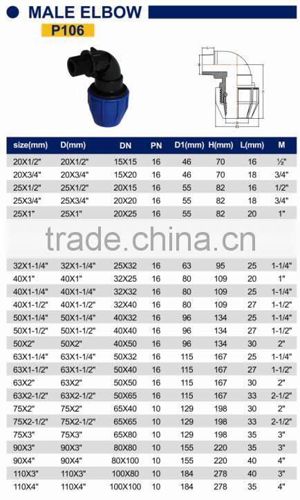 TY High quality PP compression fittings MALE ELBOW eco-friendly Cheap Price Full Size factory price list discount