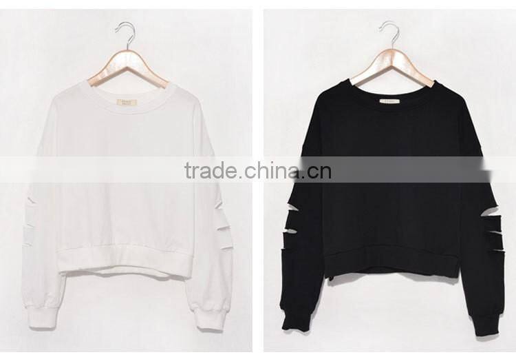 Custom latest design 100% cotton ripped cut long sleeve blank oversized sweatshirt for women