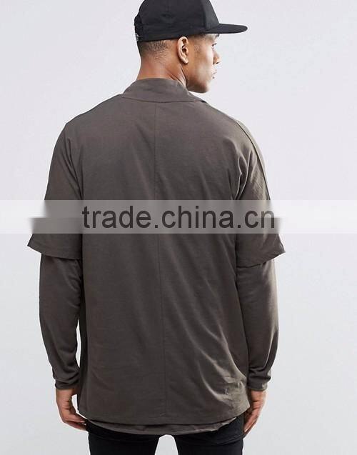 Customize men plain fashion oversized long sleeve double layer kimono t-shirt / tees