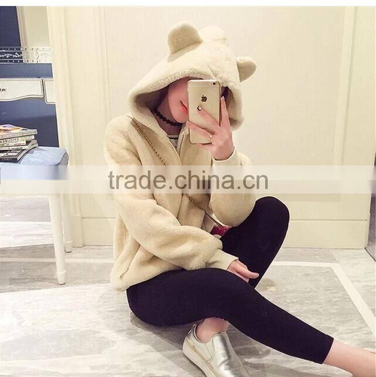 2016 Fashion Lovely Womens Korean Winter Warm Plush Rabbit Ears Hooded Thick Elastic Waist Jacket Ladies Fur Coats
