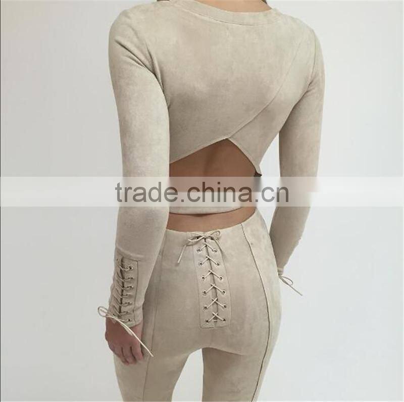 Runwaylover 074 New Style 2017 Ladies Fashion Two Piece Suits , Women Suede Crop Top And Tight Pants