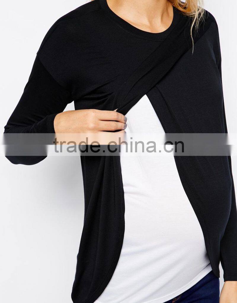 Maternity NURSING Top With Wrap Overlay And Long Sleeve