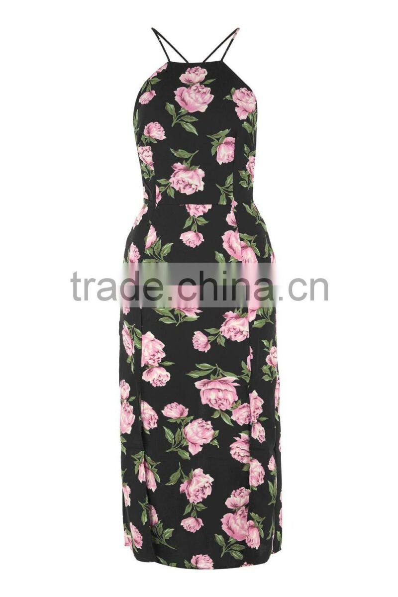 Floral print high neck midi dress with low back and strappy detail