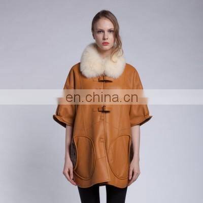 Winter Fur And Leather Overcoat Fox Fur Collar Sheepskin Fur Coat Cream Collar Lamb Fur Jacket