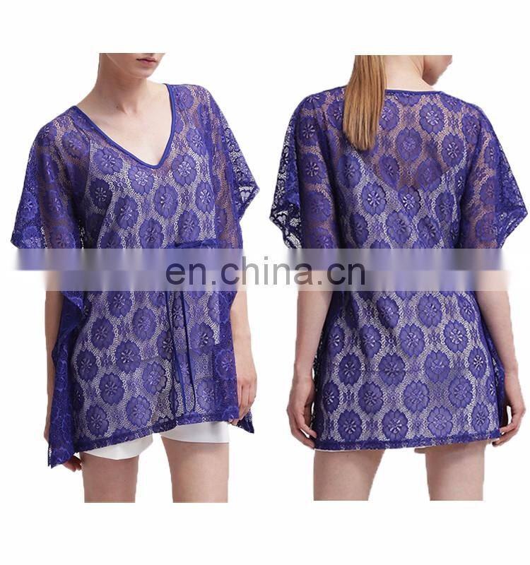 Fancy Flower Short Cover Up Bikini Lace V Neck Kaftan