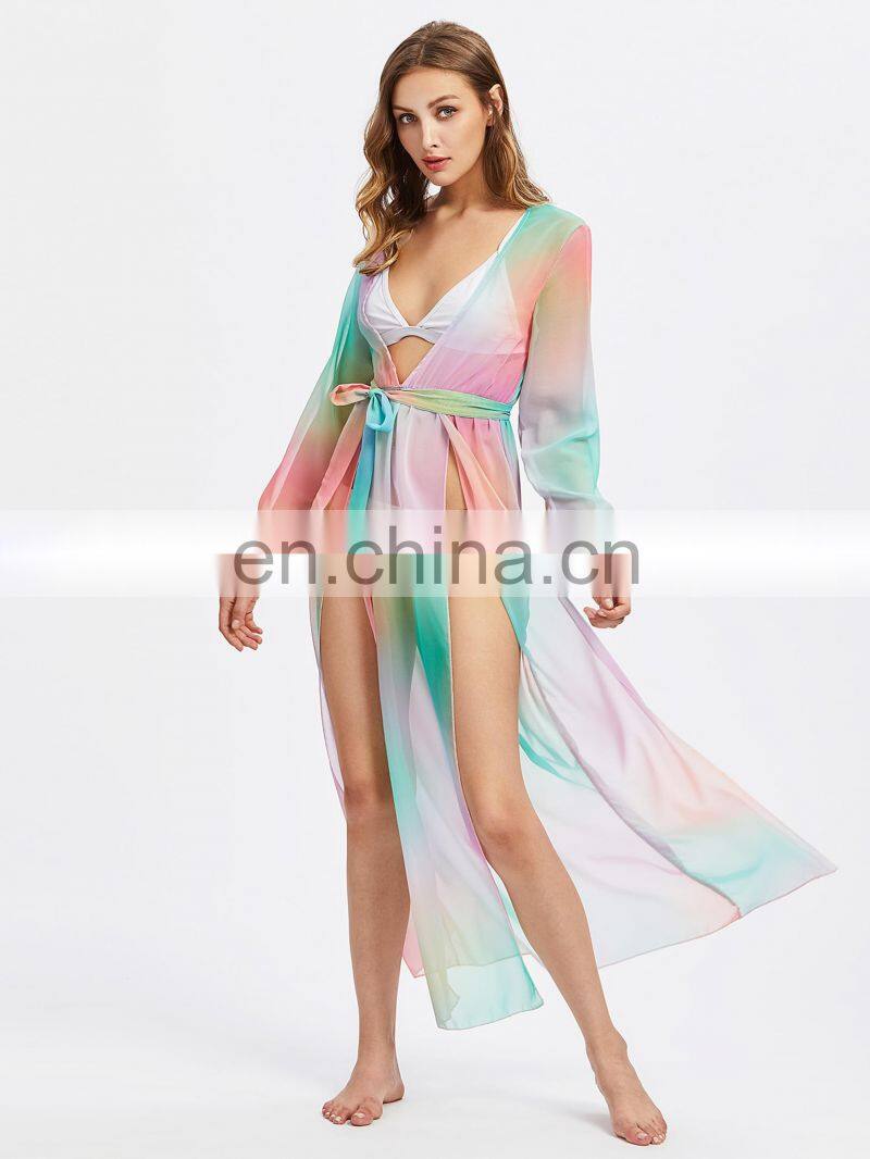Plunging M-Slit Self Tie Chiffon Bikini Cover Up Beach Dress