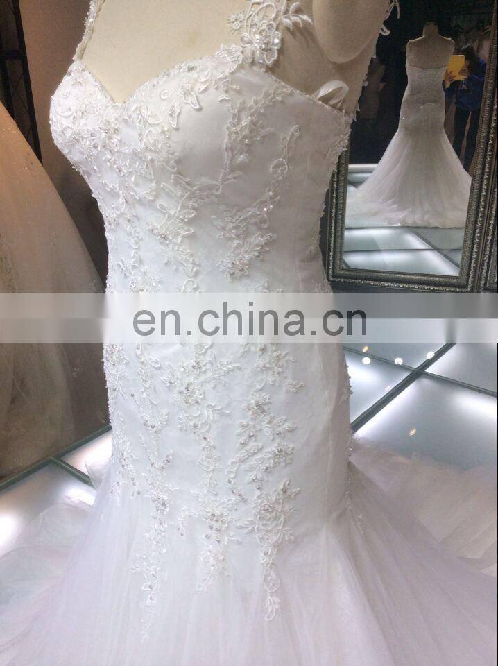 1A051cx Charming Lace Up Appliqued Sweetheart Spaghetti Srtaps Floor-lenghti Sweep Train Mermaid Wedding Dress 2016