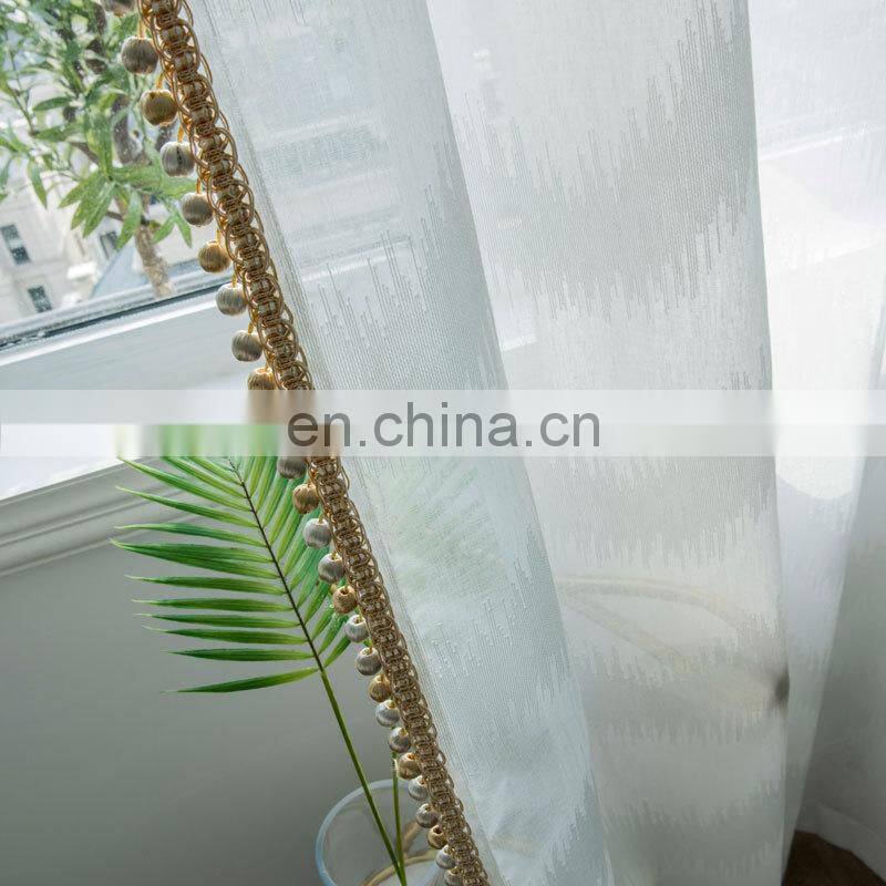 The new Nordic solid color thick clipped pom pom voile curtains sheer linen