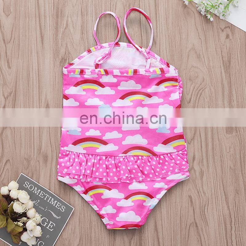 2019 summer new pink rainbow print kids cloud ruffle swimwear off-shoulder one piece baby girl swimsuit