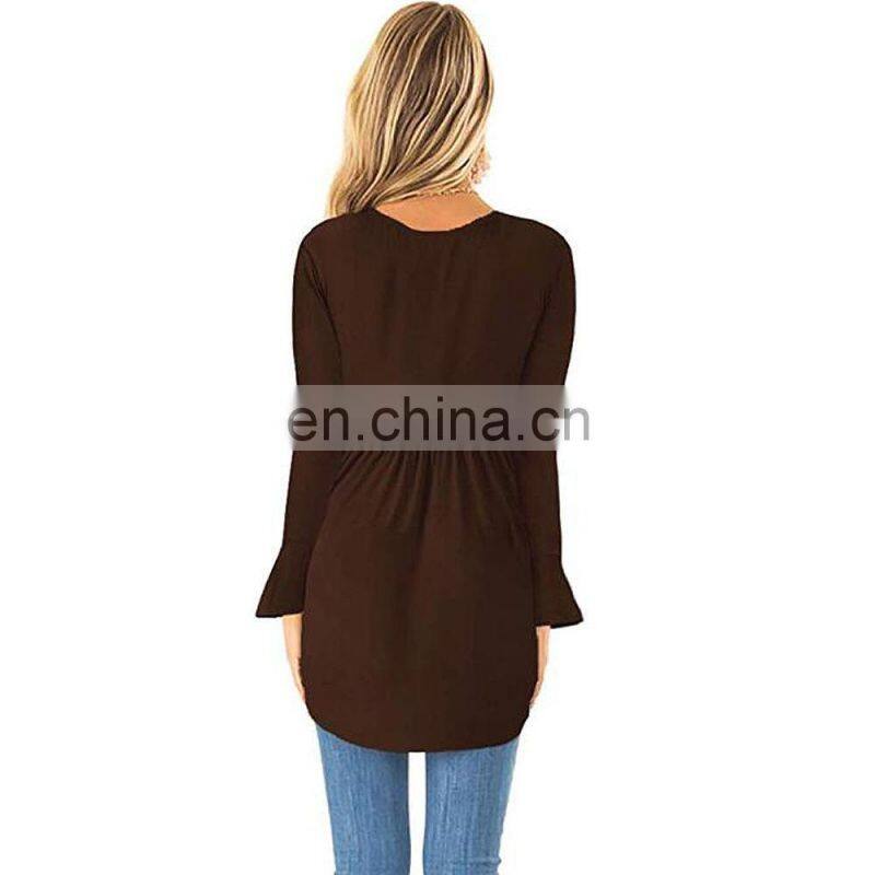 Wholesale custom women's tops Western style Spring and Autumn new fashion Solid color Round neck Long sleeve
