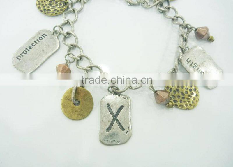 FASHION 3 TONE PLATE FRIENDSHIP LOVE,STRENGTH CHARMS BRACELET