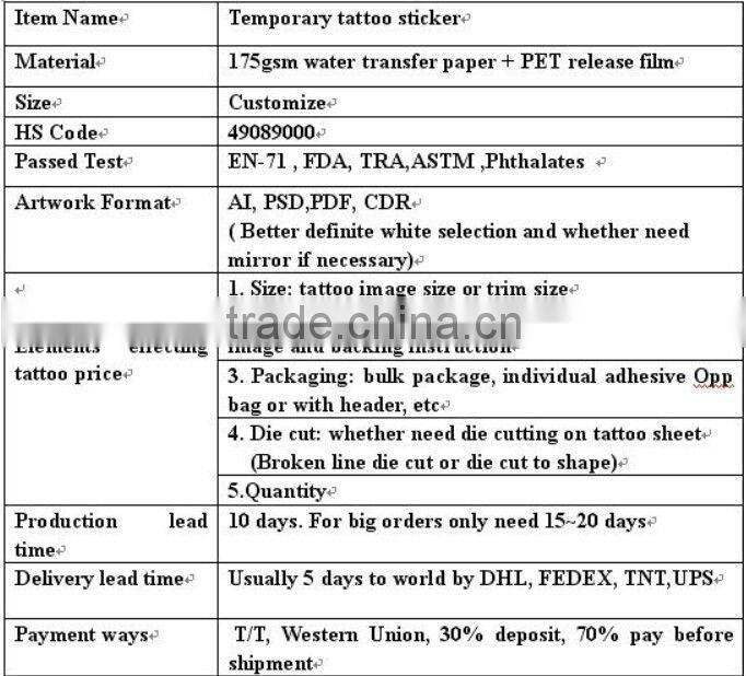 Customized lovely designs temporary tattoo supply for women