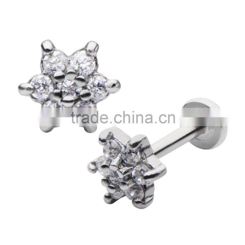 Clear CZ Flower Labret Internally Threaded Lip Piercing