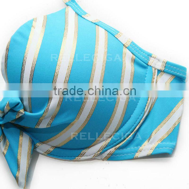 RELLECIGA 3/4 Cup Top Sexy Bikini Swimwear Series - Full Lined Blue Metallic Stripe Print Halter Top Woman Swimwear