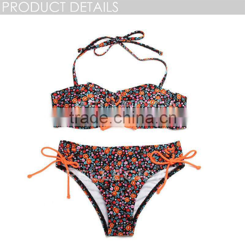 2016 RELLECIGA - Orange Dream FloralSwimwear with Lace-up Front &Brazilian Cut Scrunch Butt
