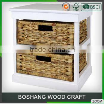 Small White Storage Wooden Cabinet with 2 Straw Weaved drawers