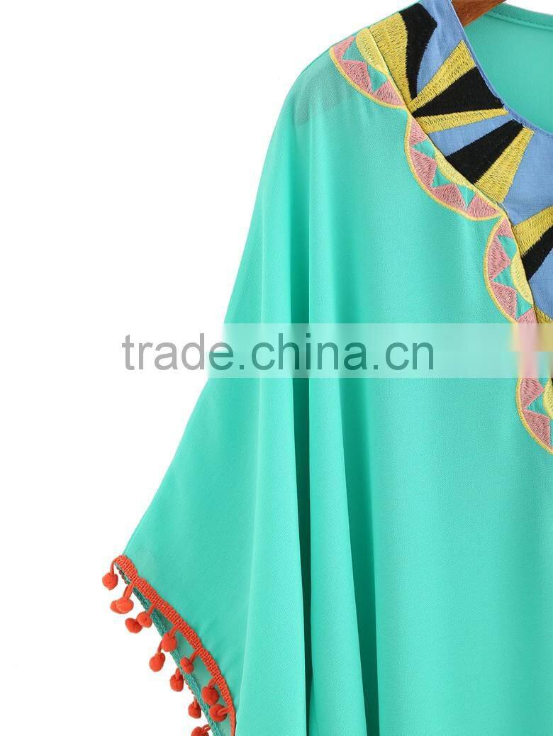 2016 fashion design embroidery lace trimming chiffon casual kaftan top, beach kaftan SY1604