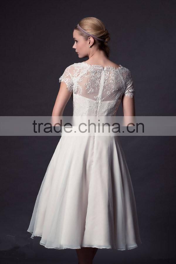 (MY0510) MARRY YOU 2016 Short Wedding Dress Boat Neckline Lace Bodice Chiffon Tea Length Wedding Dresses With Sleeves