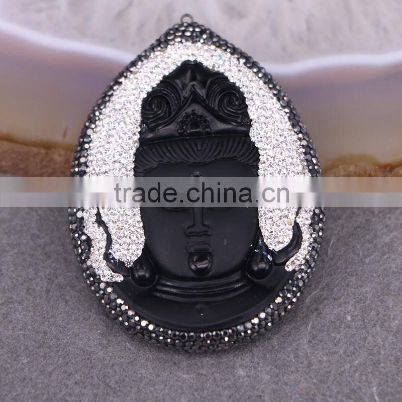 Natural Obsidian Gem Stone Pendant, Guanyin / Mother Buddha Pendant, with Crystal Paved Druzy Pendant