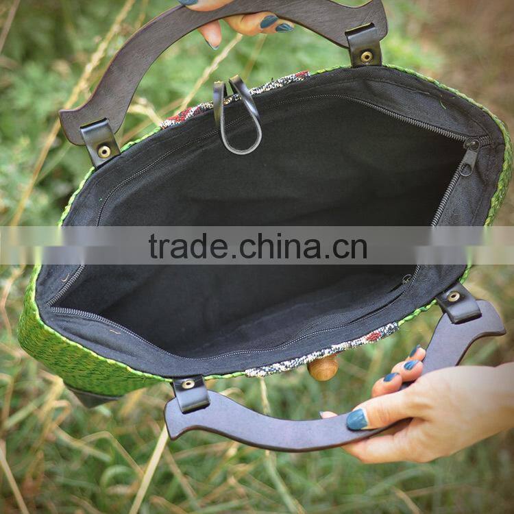 Hot selling cheap thailand straw bag green handmade beach bag