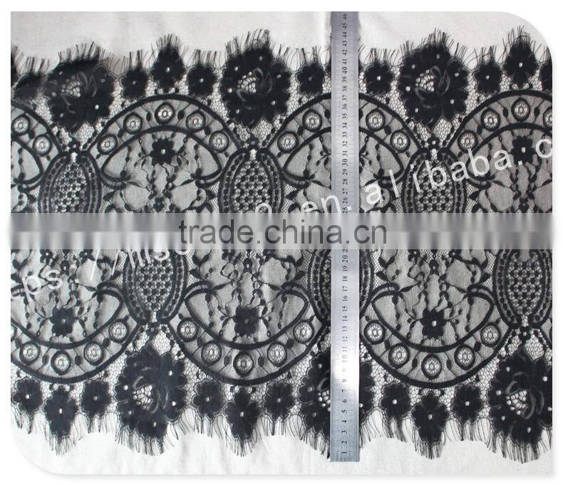 Good price 44cm width polyester floral eyelash black lace trim for sale