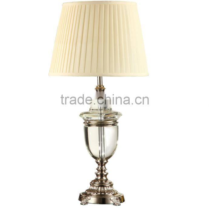 Silver plated hardware lamp base crystal table lamp with whith fabric lampshade