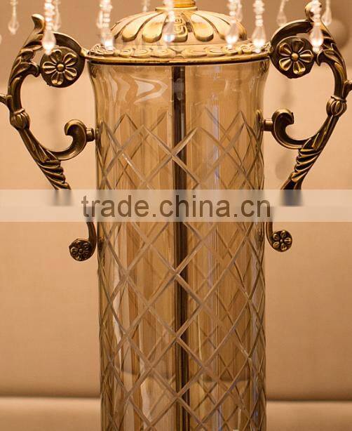 Dark brown cylindrical glass lamp body metal bottom table lamp with fabric lampshade