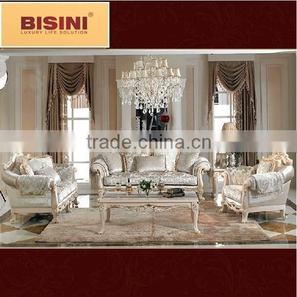Bisini European Elegant Handcarved Wooden Fabric Sofa For Villa