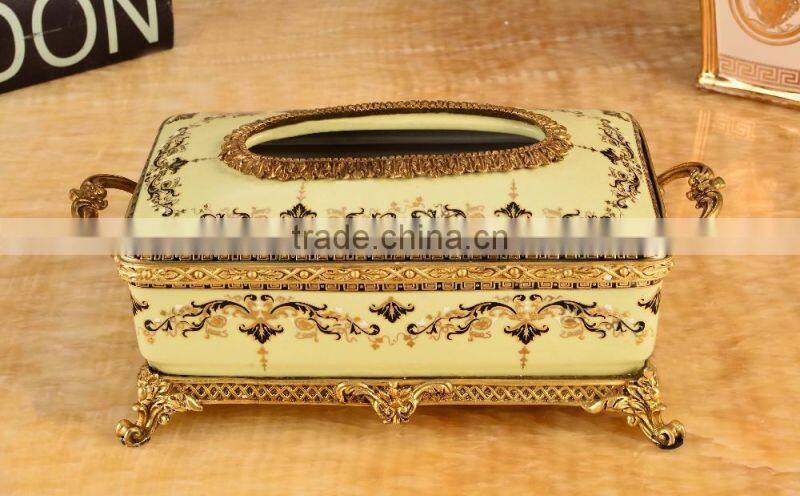 Luxury red color ceramic brass carving decorative tissue box