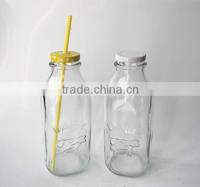 cow embossed circleware glass beverage milk bottle with metal cap