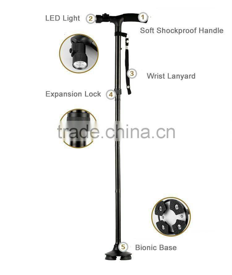 2017 new hot Multifunctional Trusty Cane Walking Stick Old People LED Light 4-feet Folding