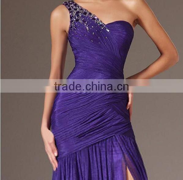 formal purple one shoulder beaded princess style evening dress