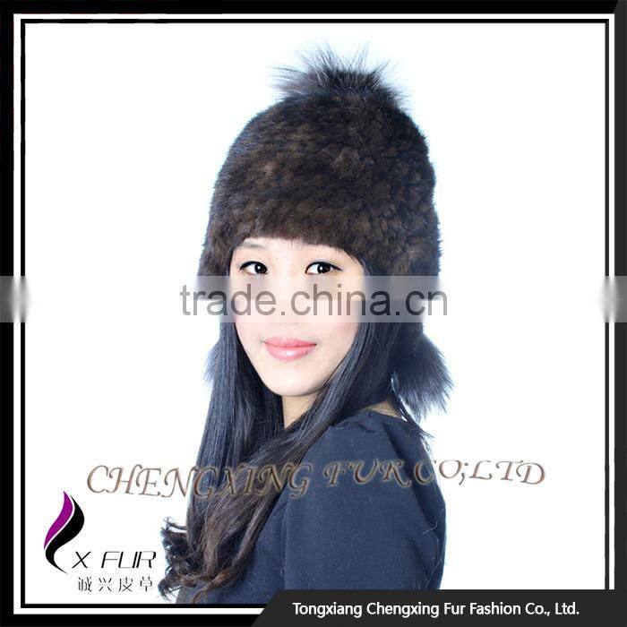 CX-C-08C Custom Beanie Hat With Fur Pom Pom,Knitted Hat With Pom Pom, Mink Fur Knitted Cap