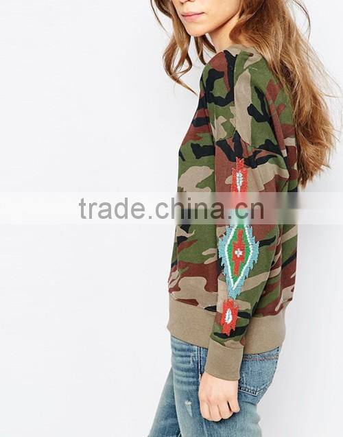 100% cotton embroidered sleeve camo sweatshirts for ladies