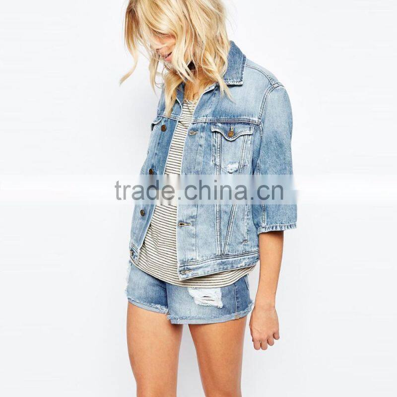 wholesale women's fashion hip hop jacket denim jacket half sleeve