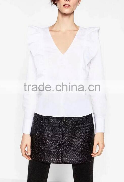 Runwaylover EY2390B Ladies Sexy Deep V-Neck 2017 Falbala Pure Color Blouse