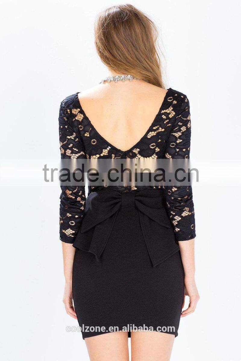 Three-quarter sheer sleeves V back peplum lace dress design