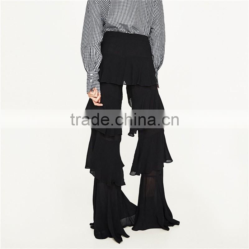 2017 spring womens elegant fancy side zip off frilled long dress pants