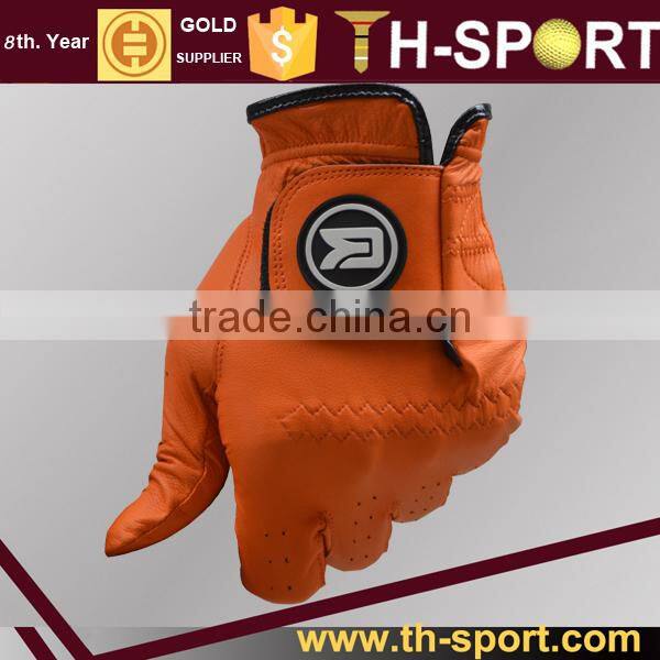 Orange Cabretta synthetic leather driving golf glove with ball marker