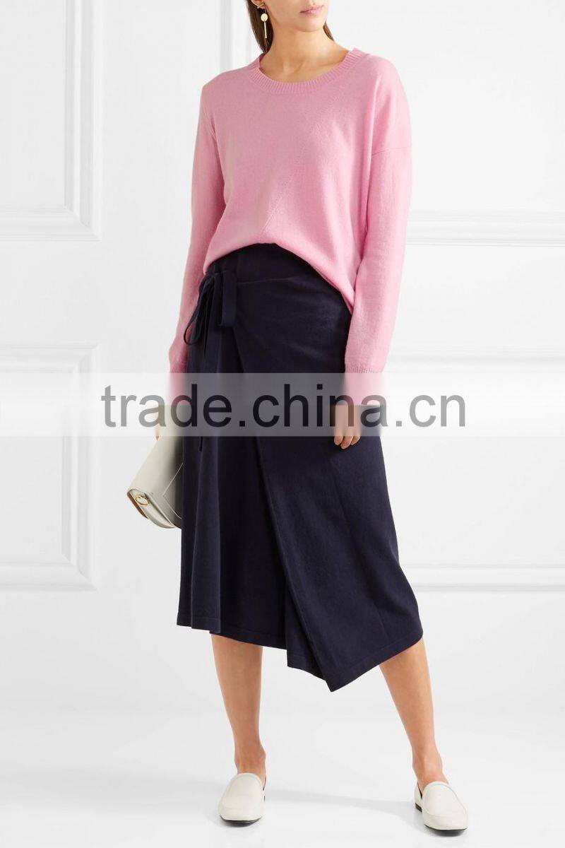 Crew Necked Pink Colored Asymmetrical Hem 100% Cashmere Sweater Women