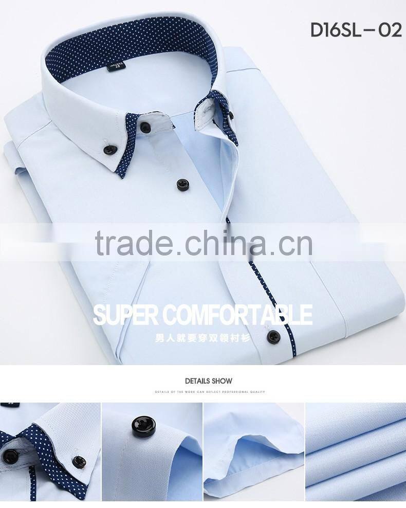 2016 new arrival summer season fancy 35% cotton double collar solid color short sleeve shirt for man