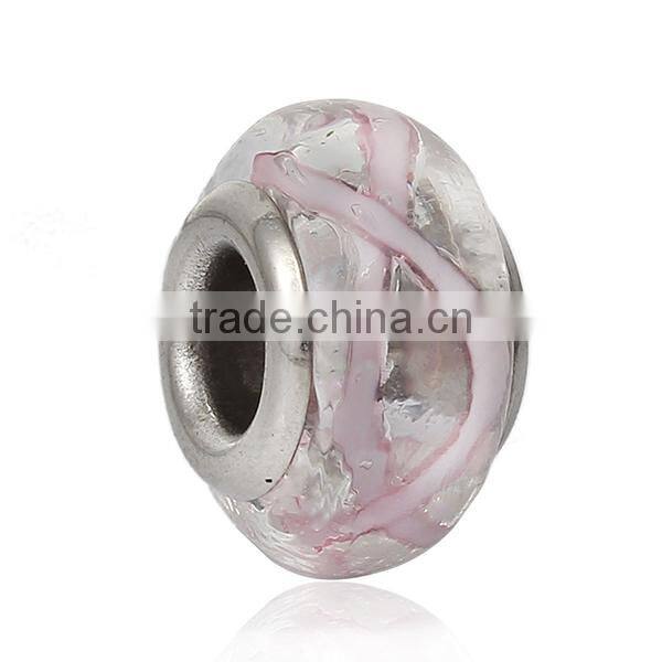 Lampwork Glass European Style Large Hole Beads Round Transparent Pink Ripple With 304 Stainless Steel Silver Tone Core