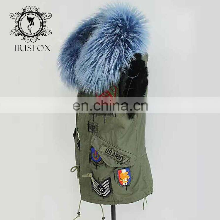 USA Super big fur collar, fashion green waistcoat women real fur vest for men