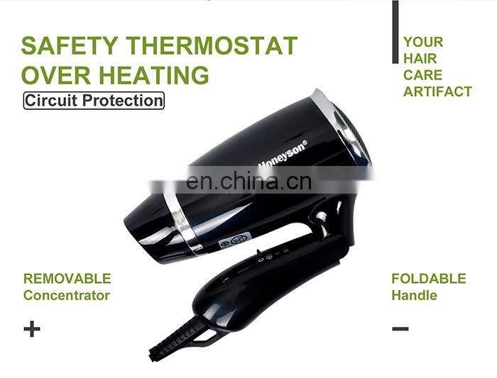 Honeyson hotel 1200W black plastic material hot and cold hair dryer