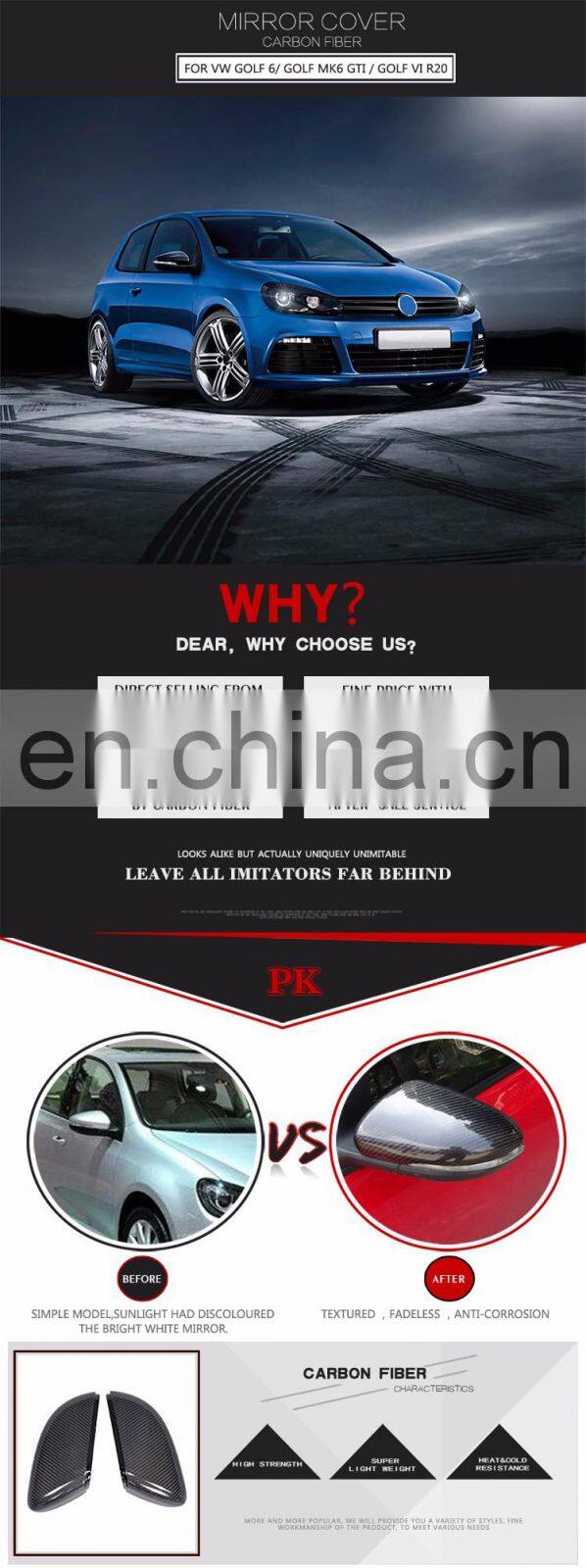 1:1 Replacement Carbon Fiber Rearview Mirror Covers for VW Golf VI GTI MK6 R20