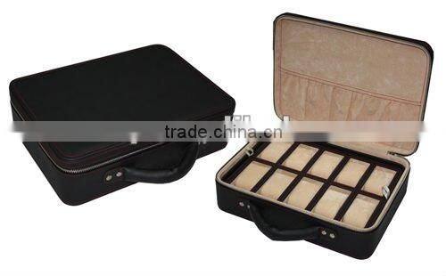 Elegant 10 piece black Leather portable watch box