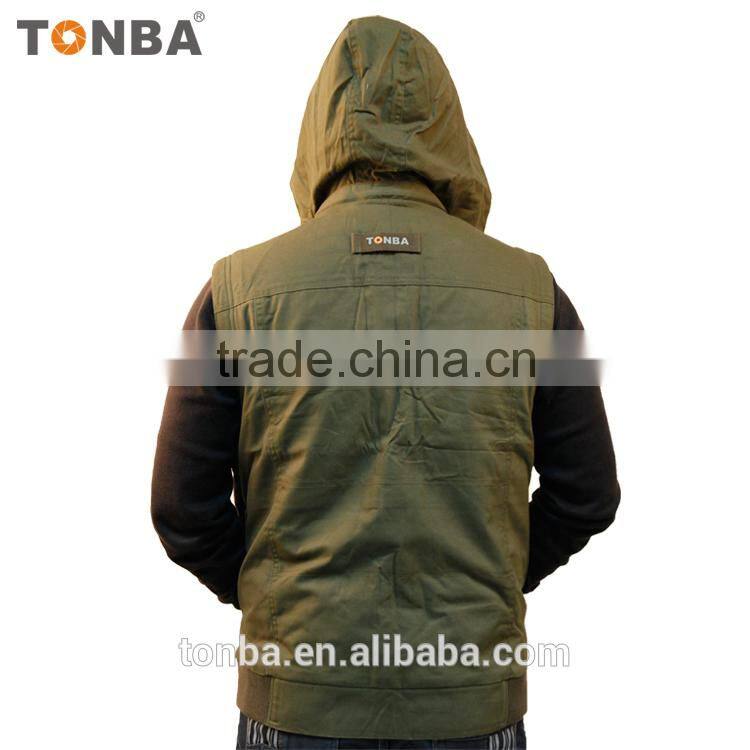 Customized Comfortable Camera Vest and SLR hooded Vest for Outdoor men with Army Green